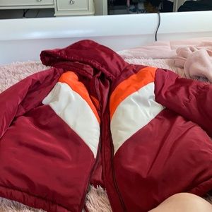 Red puffer jacket